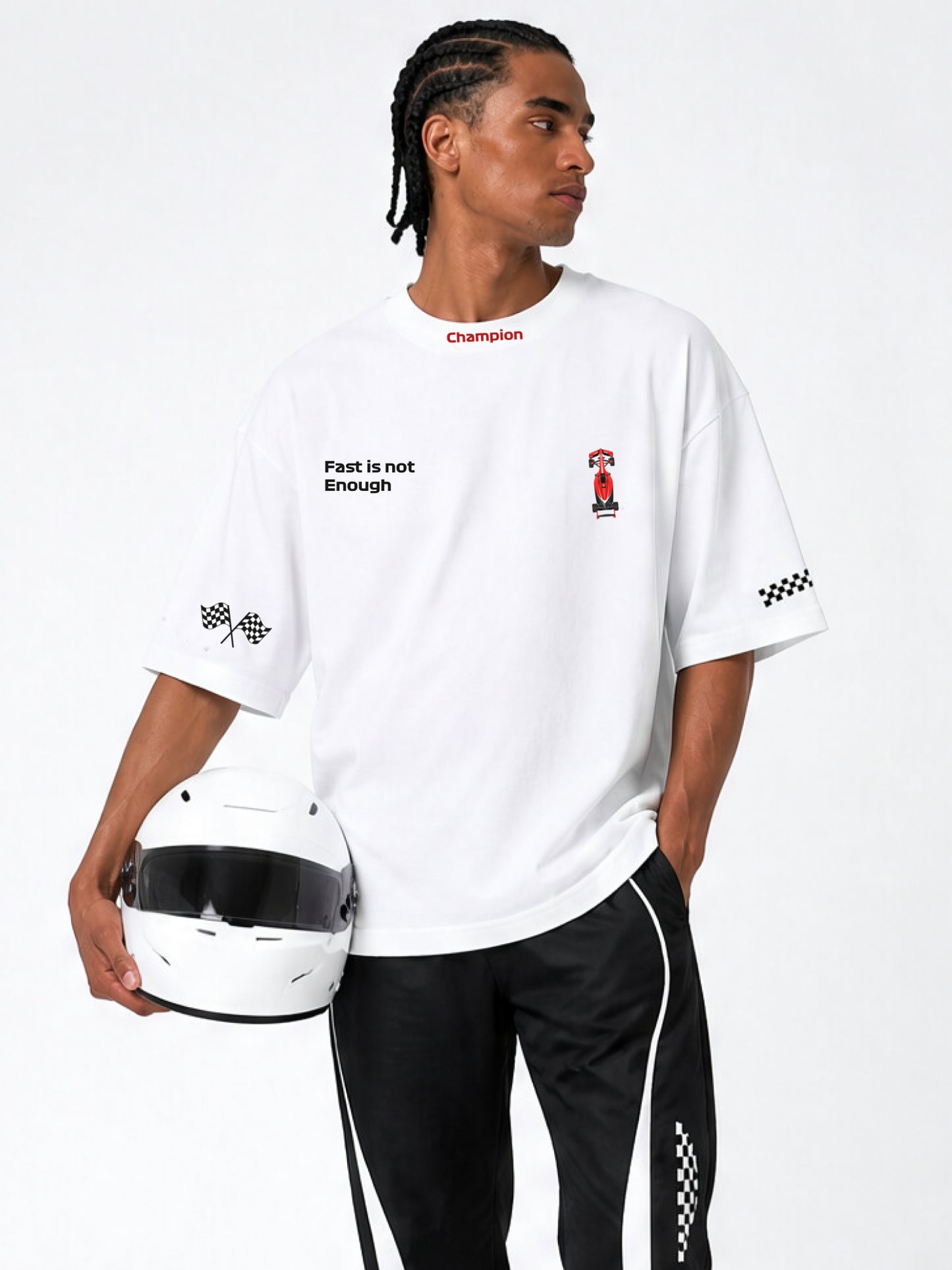 MOKARI Last Lap Oversized F1 Racing Graphic T-Shirt – White