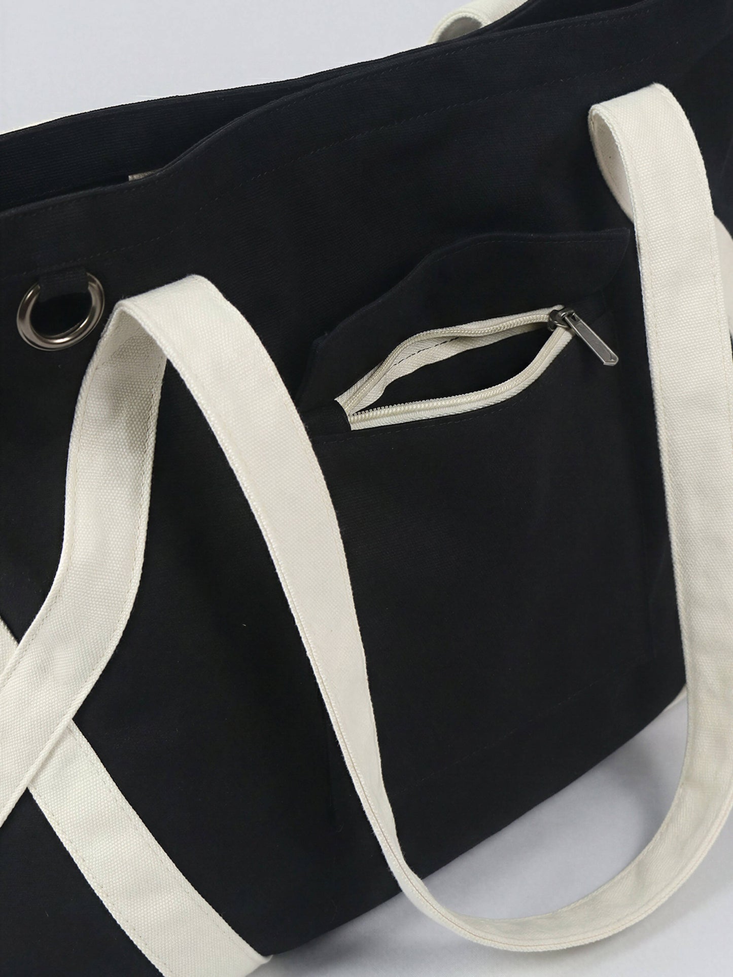 Crossover Canvas Tote - Classic Black | Minimalist Cotton Tote with Front Pocket