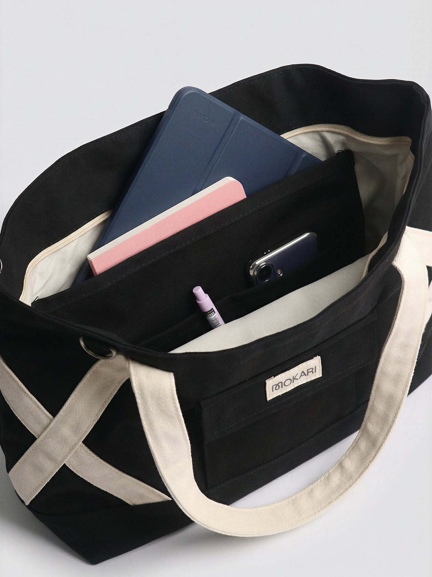 Crossover Canvas Tote - Classic Black | Minimalist Cotton Tote with Front Pocket