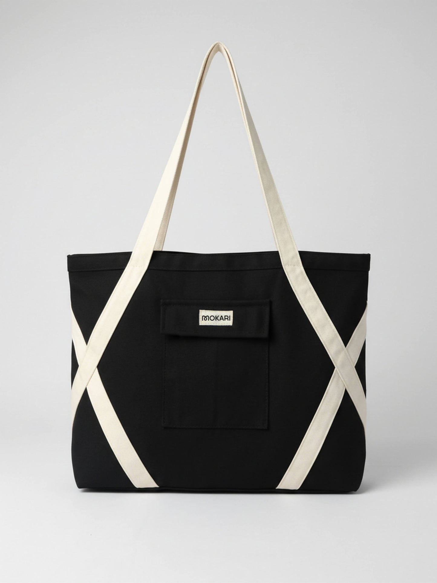 Crossover Canvas Tote - Classic Black | Minimalist Cotton Tote with Front Pocket