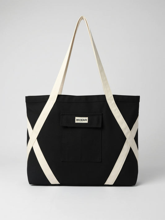 Crossover Canvas Tote - Classic Black | Minimalist Cotton Tote with Front Pocket