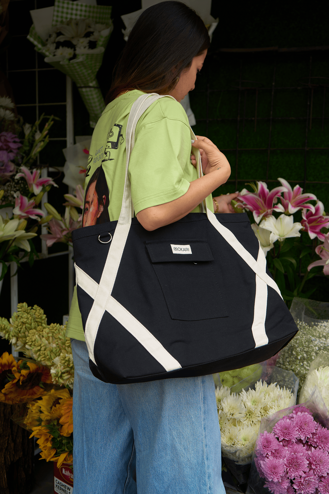 Crossover Canvas Tote - Classic Black | Minimalist Cotton Tote with Front Pocket